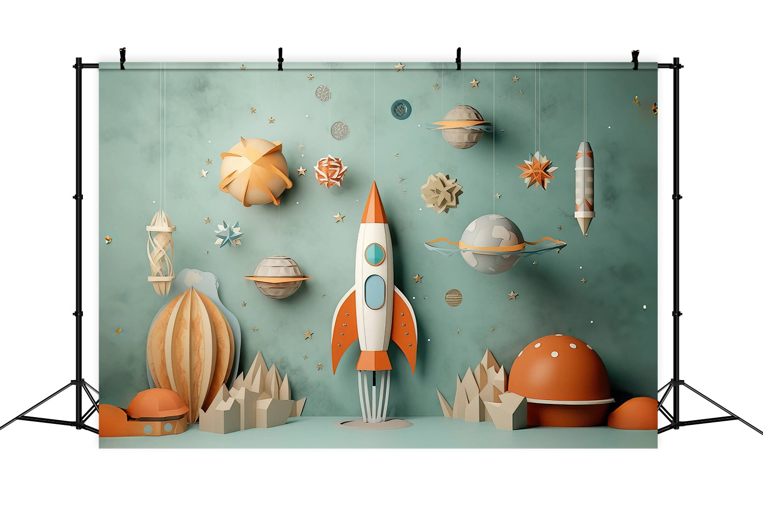 Warm Childish Paper Cutout Rocket Cosmic Planet Backdrop RR5-11