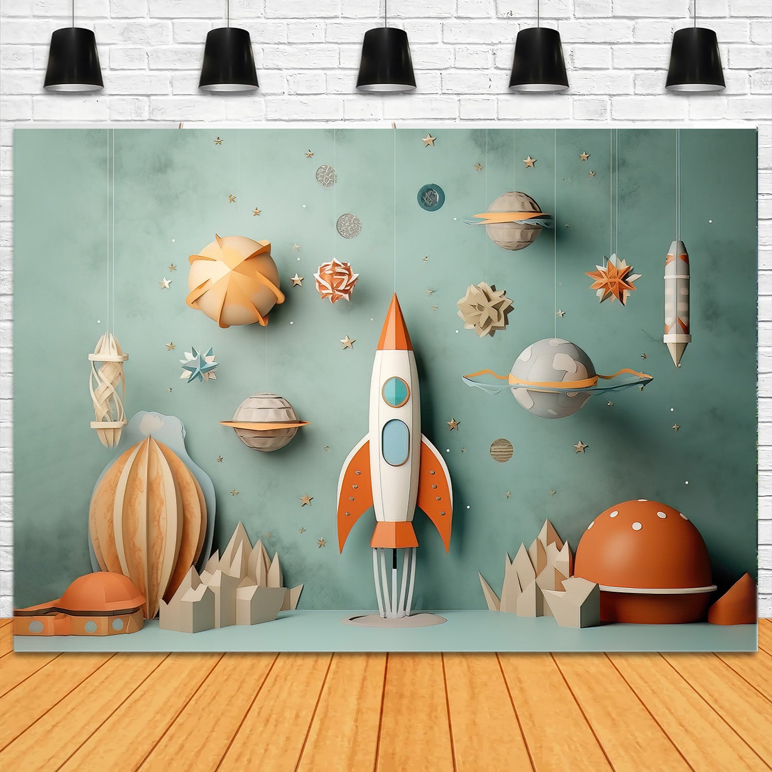 Warm Childish Paper Cutout Rocket Cosmic Planet Backdrop RR5-11