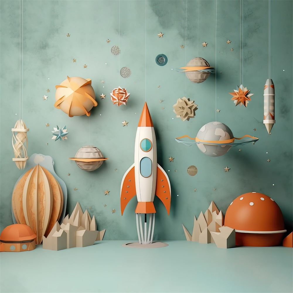 Warm Childish Paper Cutout Rocket Cosmic Planet Backdrop RR5-11