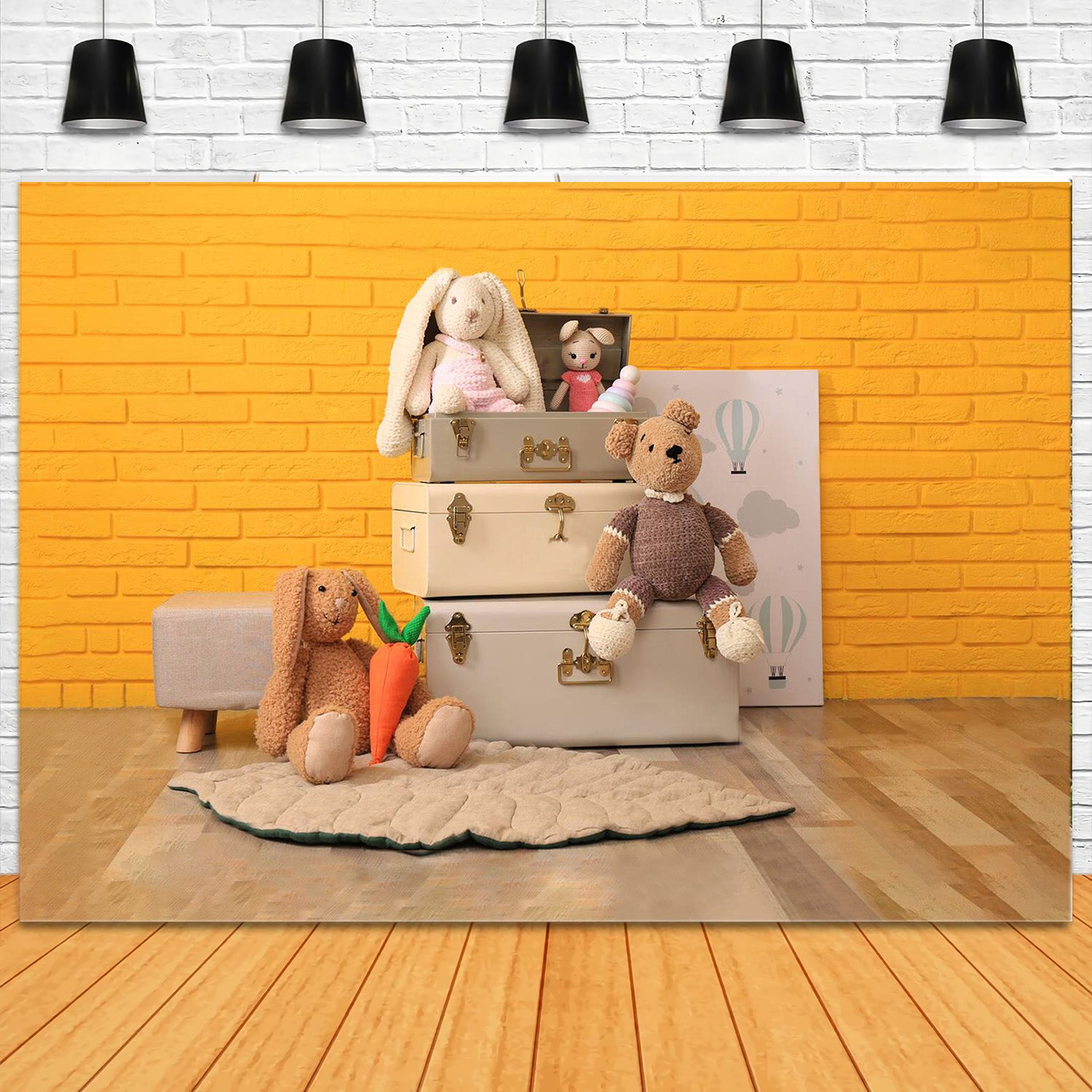 Cute Yellow Brick Wall Bunny Bear Doll Backdrop RR5-12