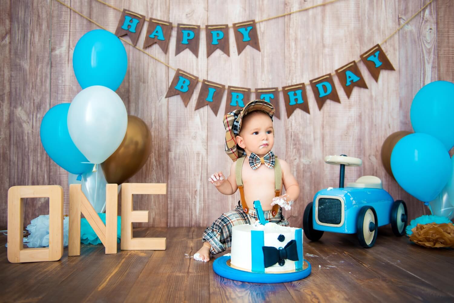 Happy Birthday Banner Balloons Wood Backdrop