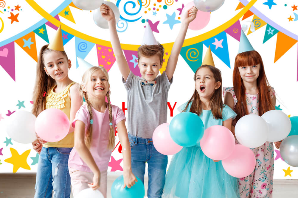 Colorful Banners Stars Custom Birthday Backdrop RR5-49