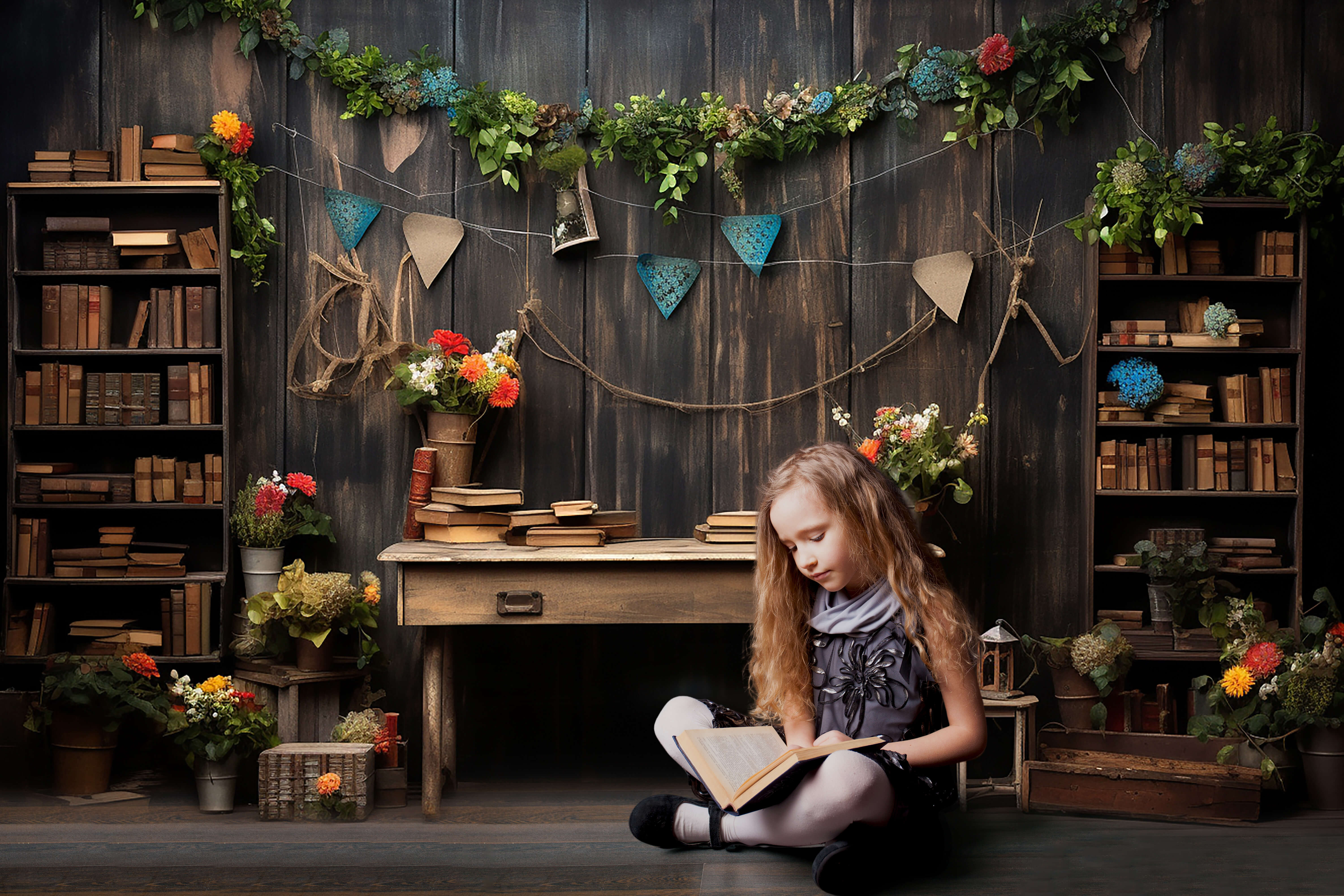 Back to School Bookshelf Wood Photography Backdrop RR6-33