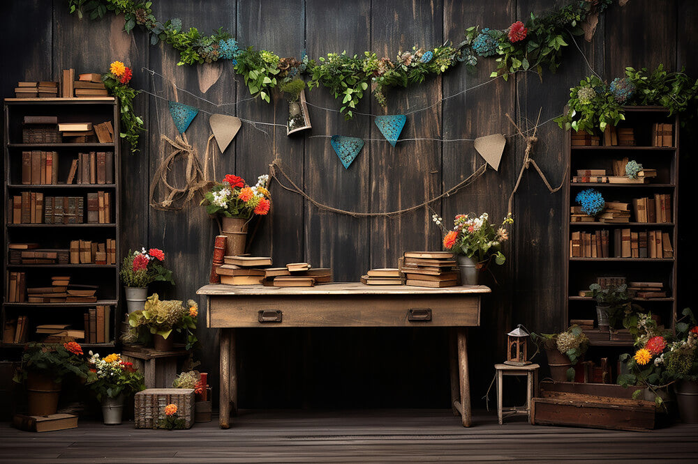 Back to School Bookshelf Wood Photography Backdrop RR6-33