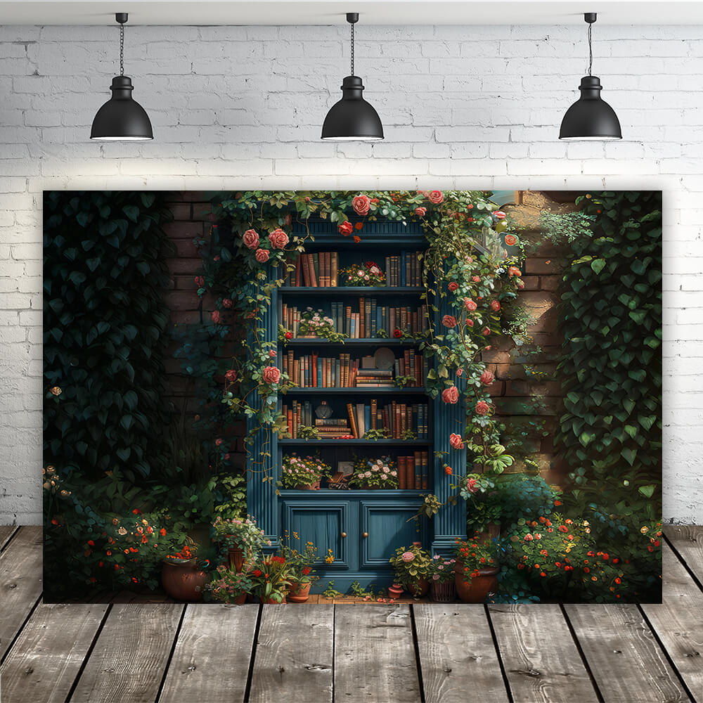 Bookshelf in Flowers Back to School Backdrop RR6-35