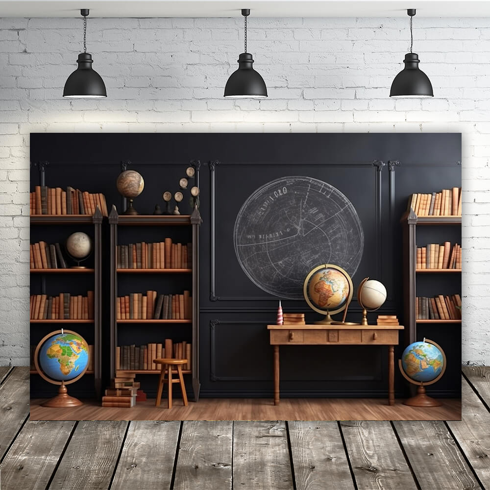 Back to School Bookshelf Globes Classroom Backdrop RR6-44