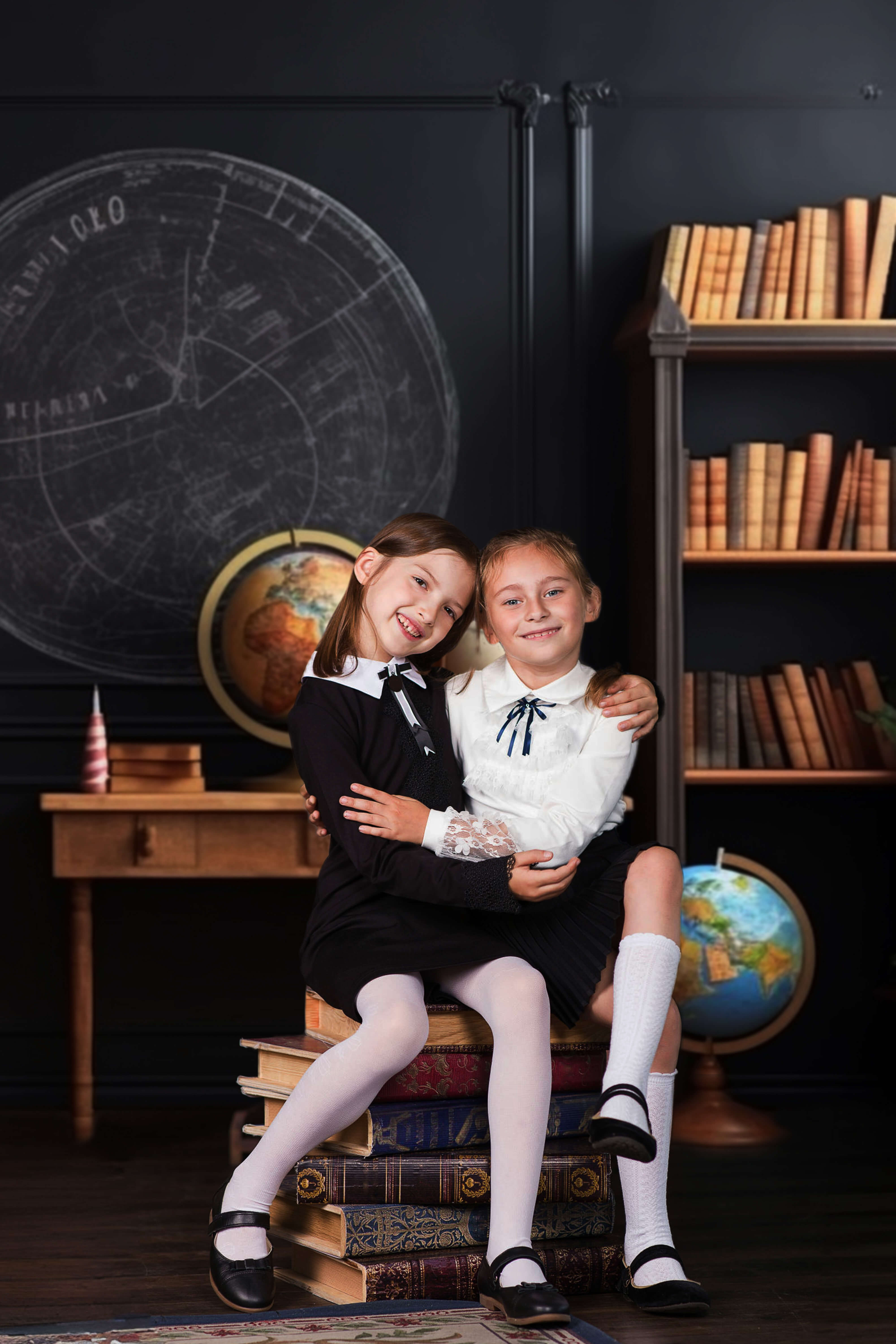 Back to School Bookshelf Globes Classroom Backdrop RR6-44