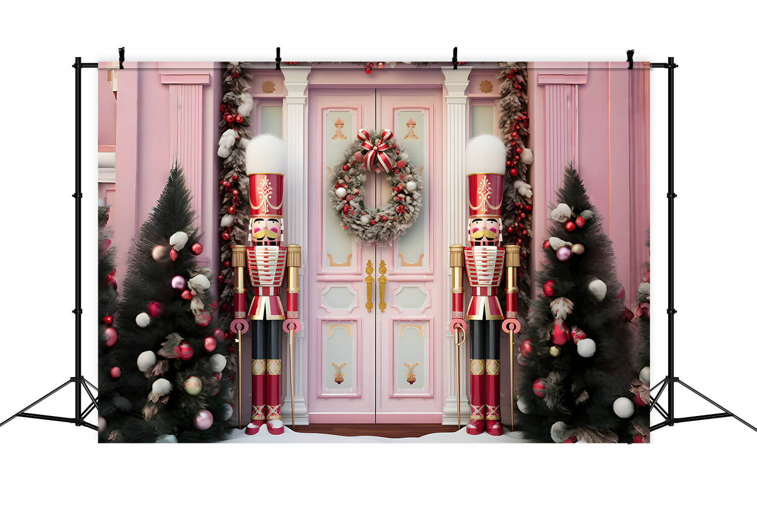 Pink Christmas Front Door Nutcracker Backdrop RR6-46