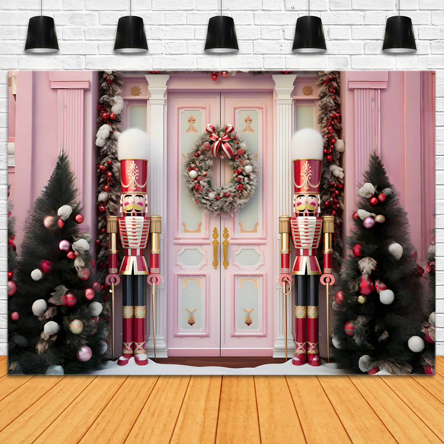 Pink Christmas Front Door Nutcracker Backdrop RR6-46