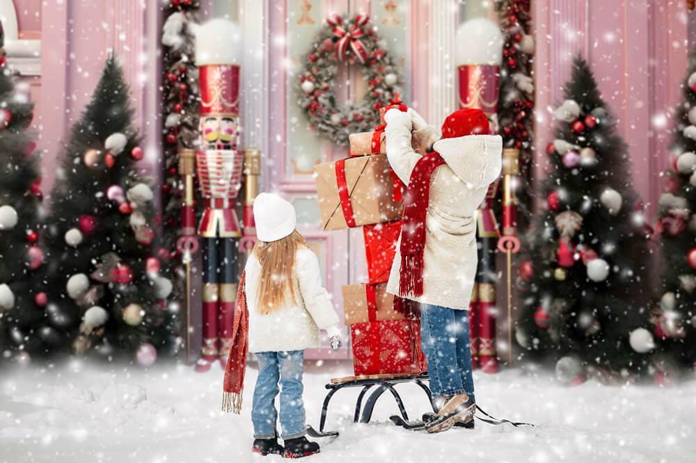 Pink Christmas Front Door Nutcracker Backdrop RR6-46