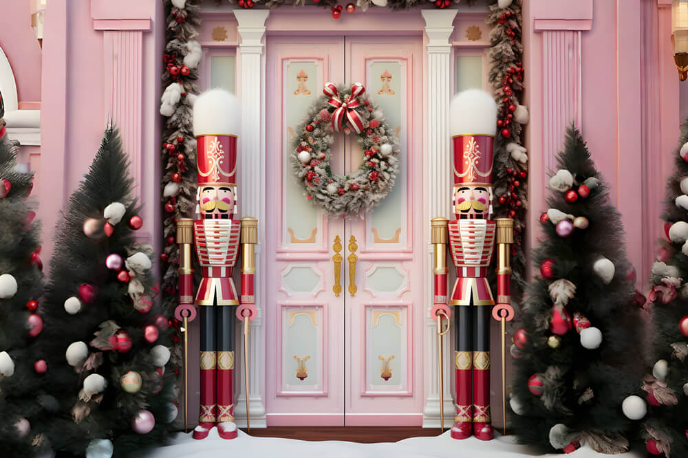 Pink Christmas Front Door Nutcracker Backdrop RR6-46