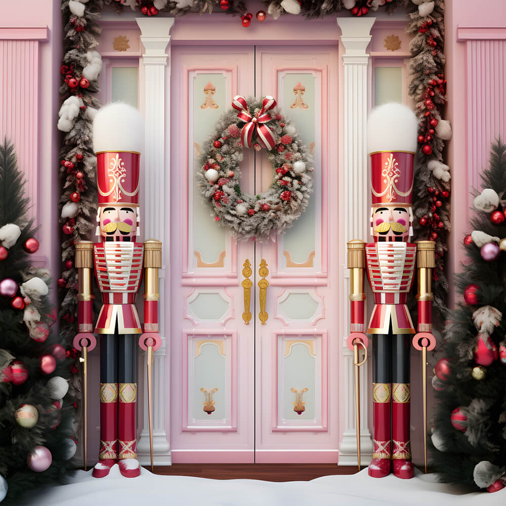 Pink Christmas Front Door Nutcracker Backdrop RR6-46