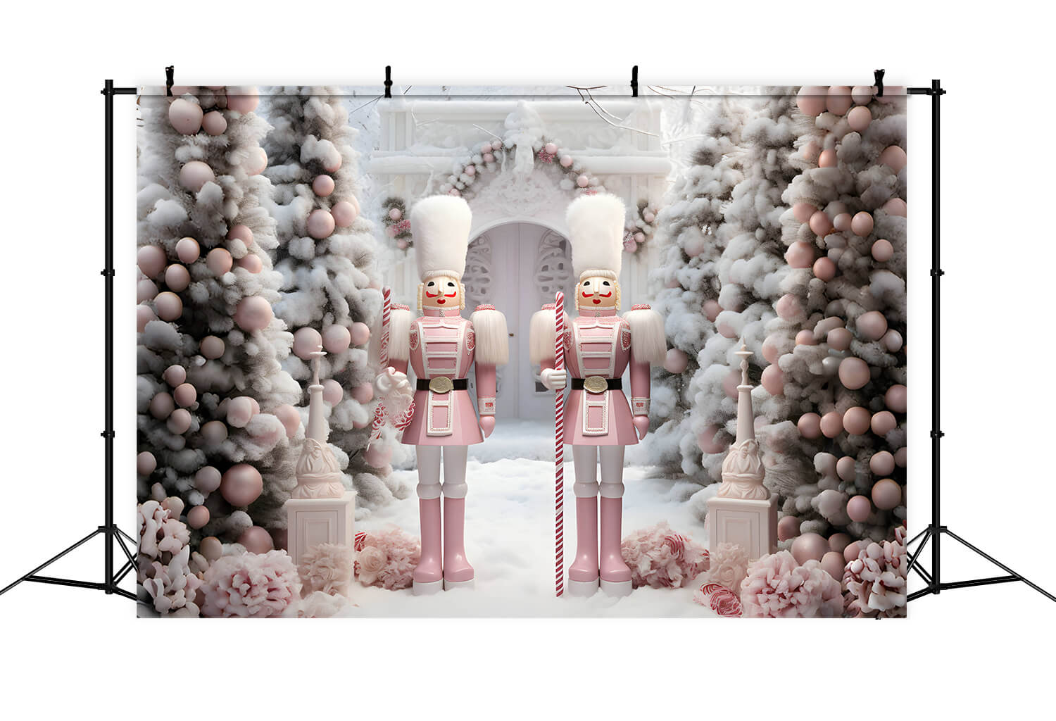 Christmas Tree Snow Pink Nutcracker Backdrop RR6-49