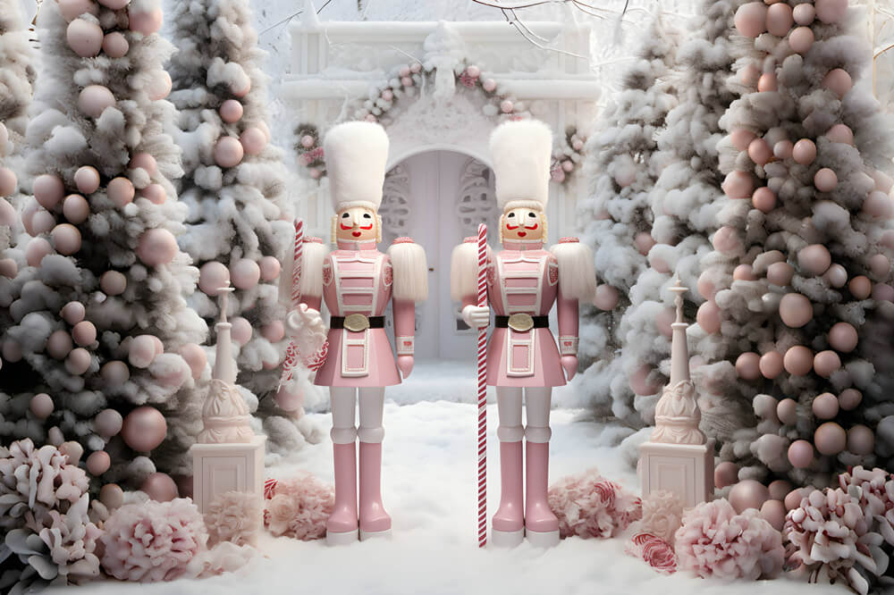 Christmas Tree Snow Pink Nutcracker Backdrop RR6-49