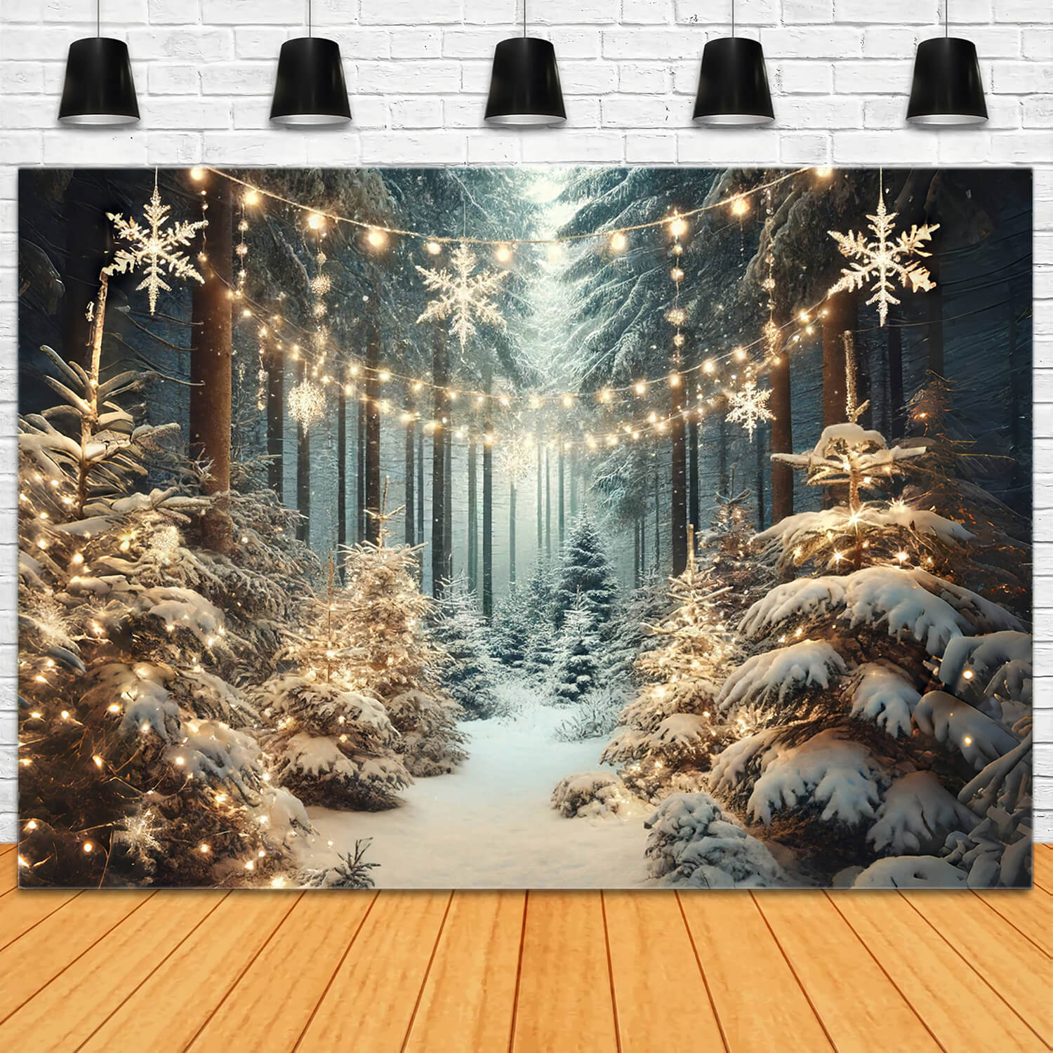 Winter Snowy Forest Snowflake Lights Backdrop RR6-60