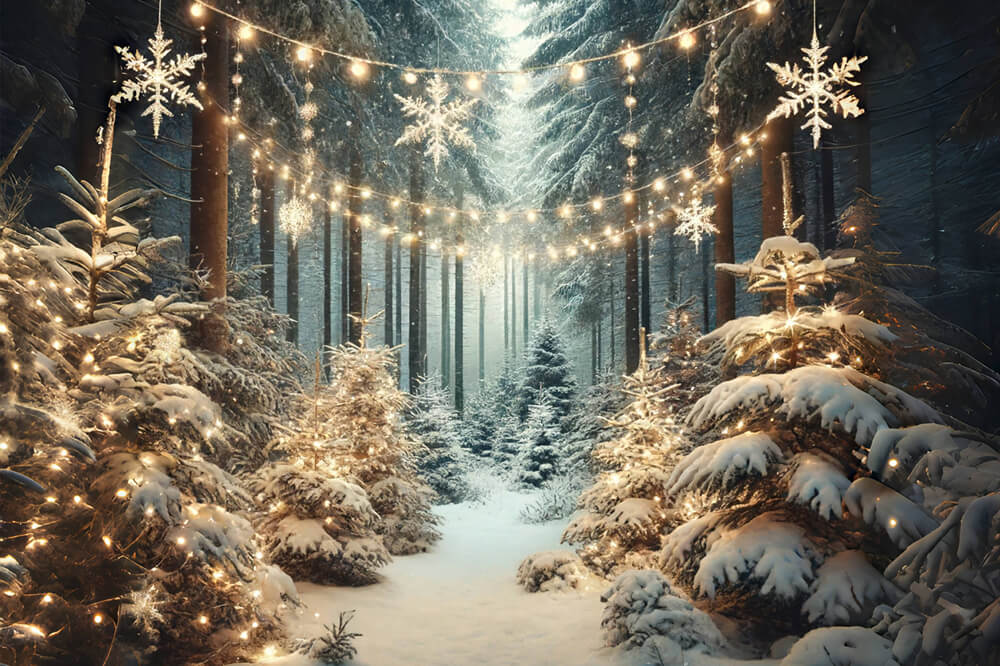 Winter Snowy Forest Snowflake Lights Backdrop RR6-60