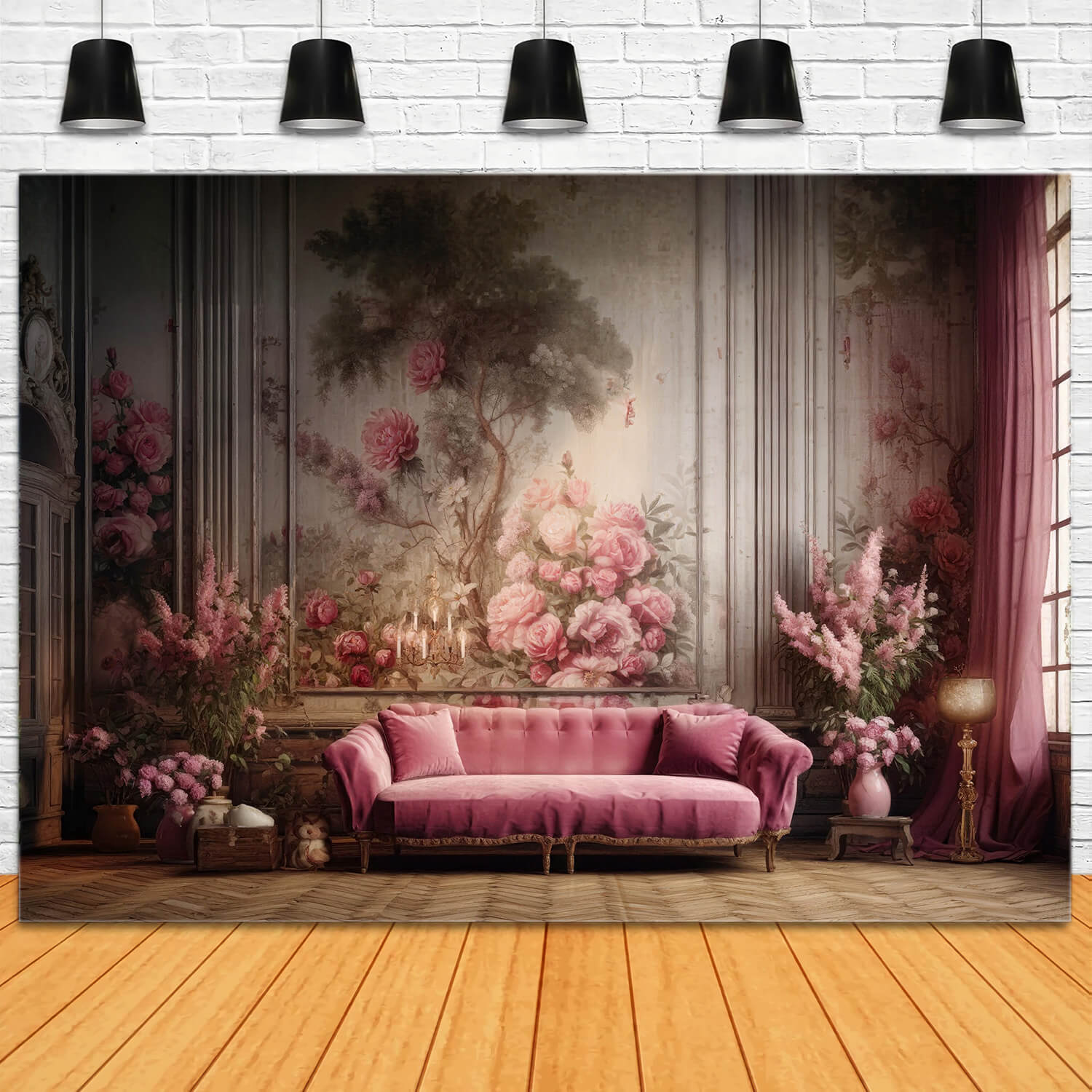 Pink Sofa Floral Retro Wall Living Room Backdrop RR6-62