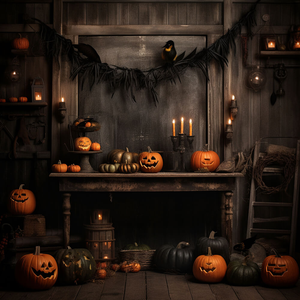 Spooky Witch House Pumpkins Halloween Backdrop RR7-100