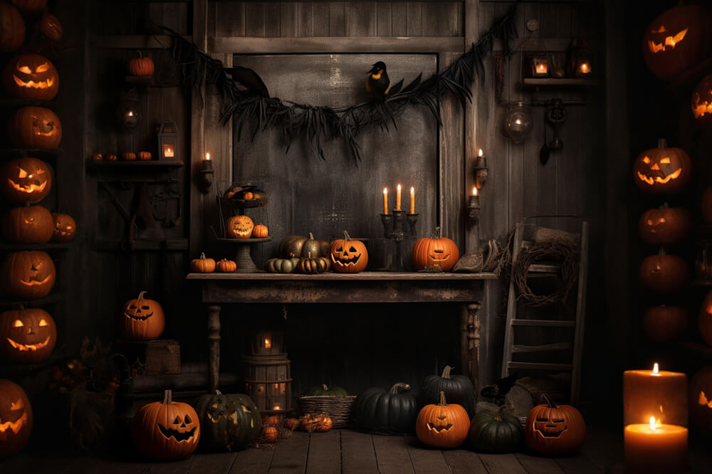 Spooky Witch House Pumpkins Halloween Backdrop RR7-100