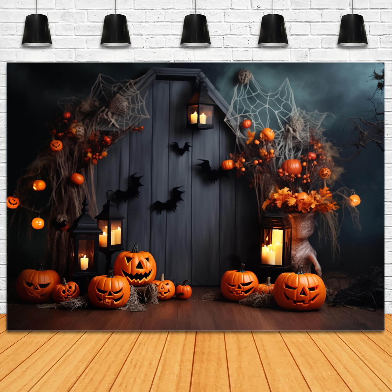 Halloween Pumpkin Lanterns Bats Backdrop RR7-102