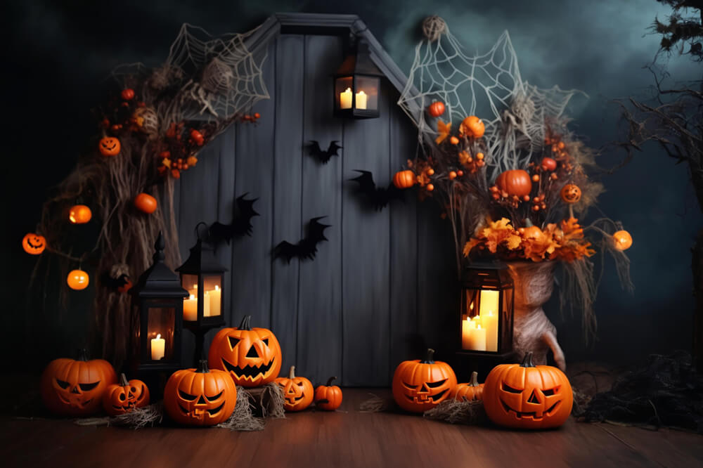 Halloween Pumpkin Lanterns Bats Backdrop RR7-102