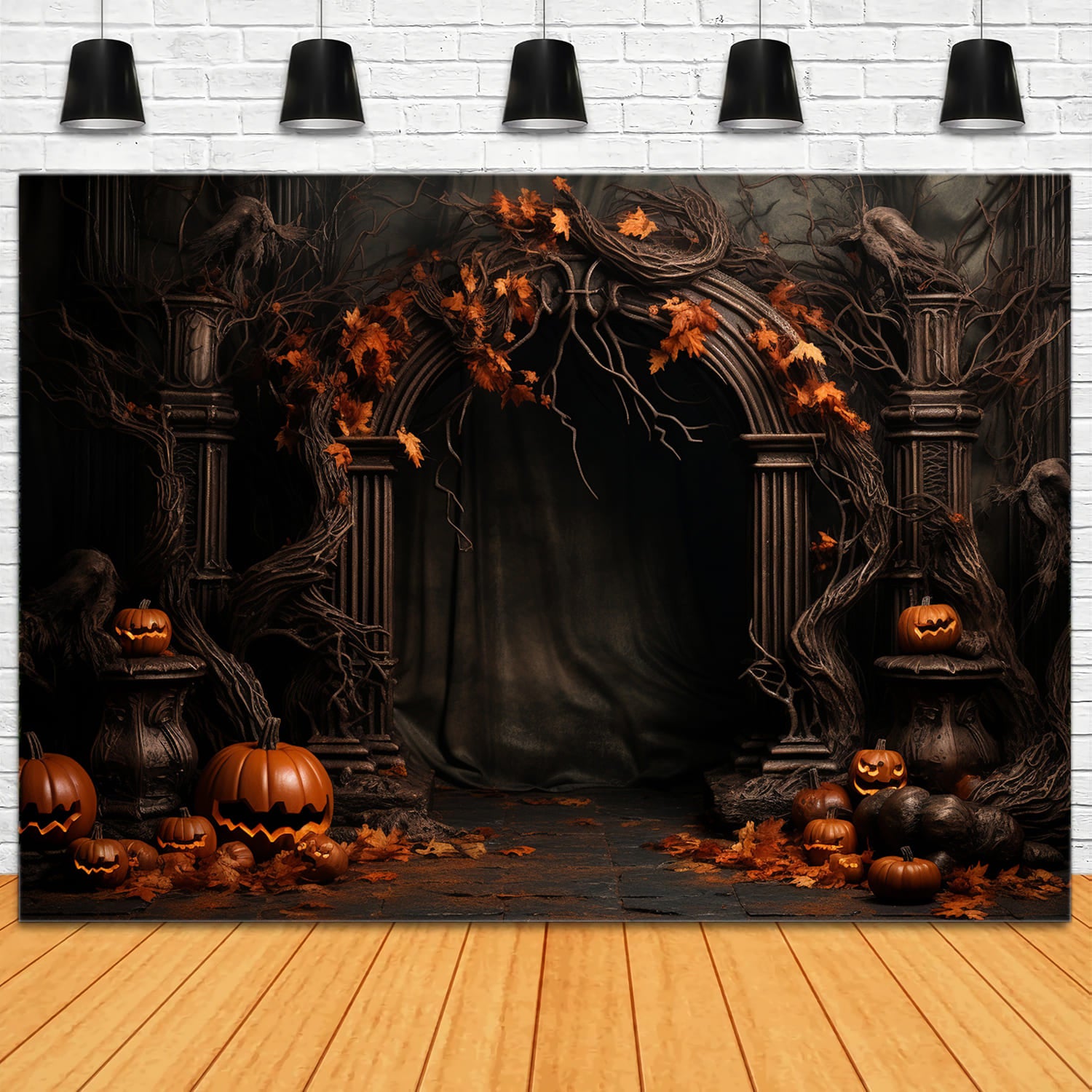 Maple Leaves Pumpkins Arch Door Halloween Backdrop RR7-111