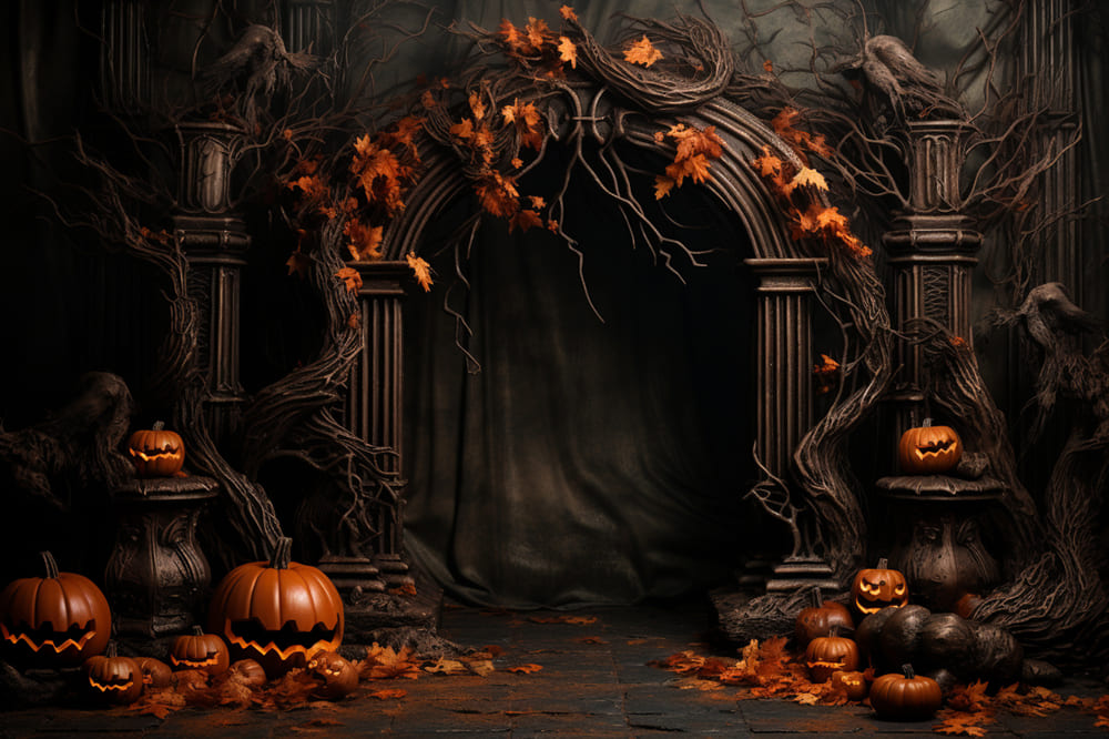 Maple Leaves Pumpkins Arch Door Halloween Backdrop RR7-111