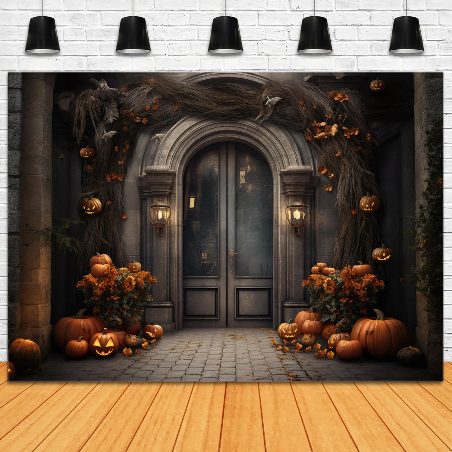 Mansion Front Door Pumpkins Halloween Backdrop RR7-113