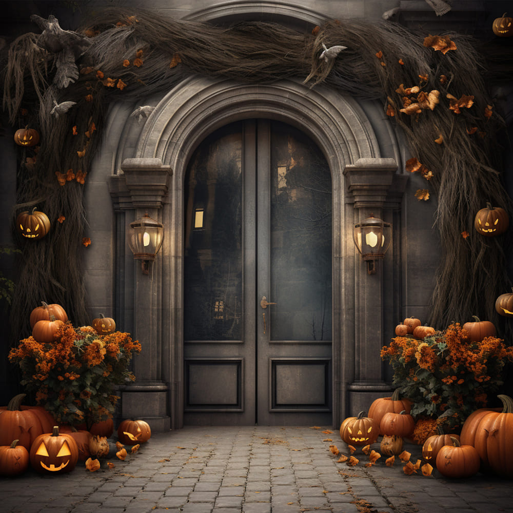 Mansion Front Door Pumpkins Halloween Backdrop RR7-113