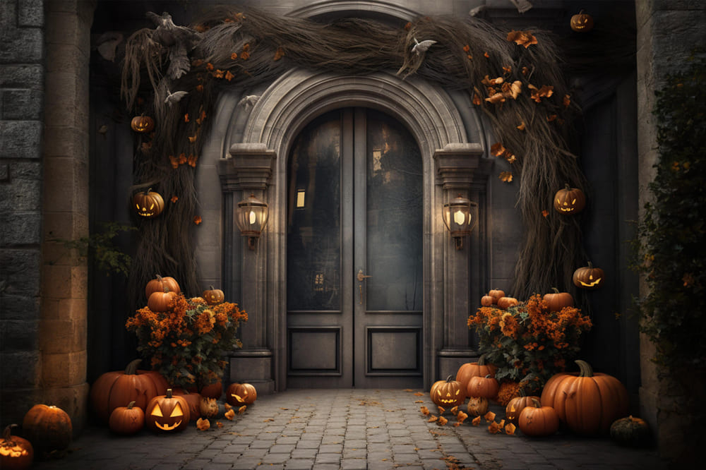 Mansion Front Door Pumpkins Halloween Backdrop RR7-113