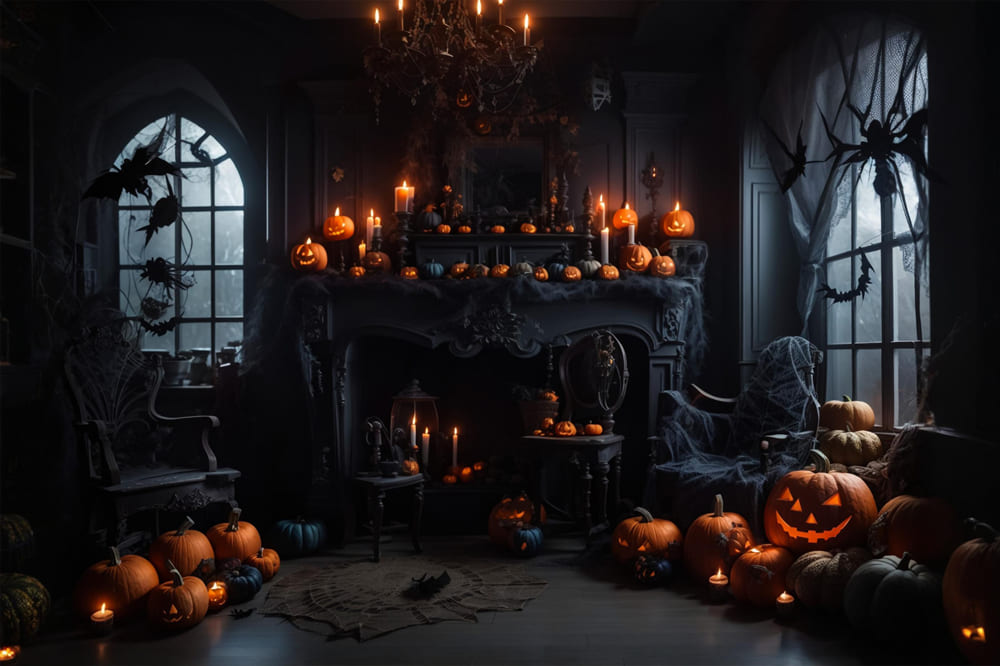 Halloween Dark Room Pumpkin Candles Backdrop RR7-114