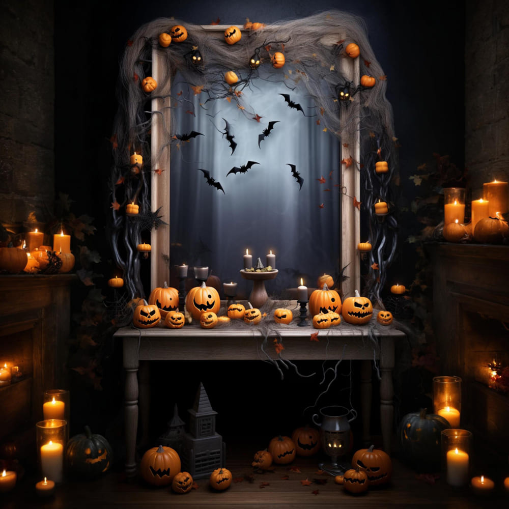 Halloween Evil Pumpkin Candles Bats Backdrop RR7-115