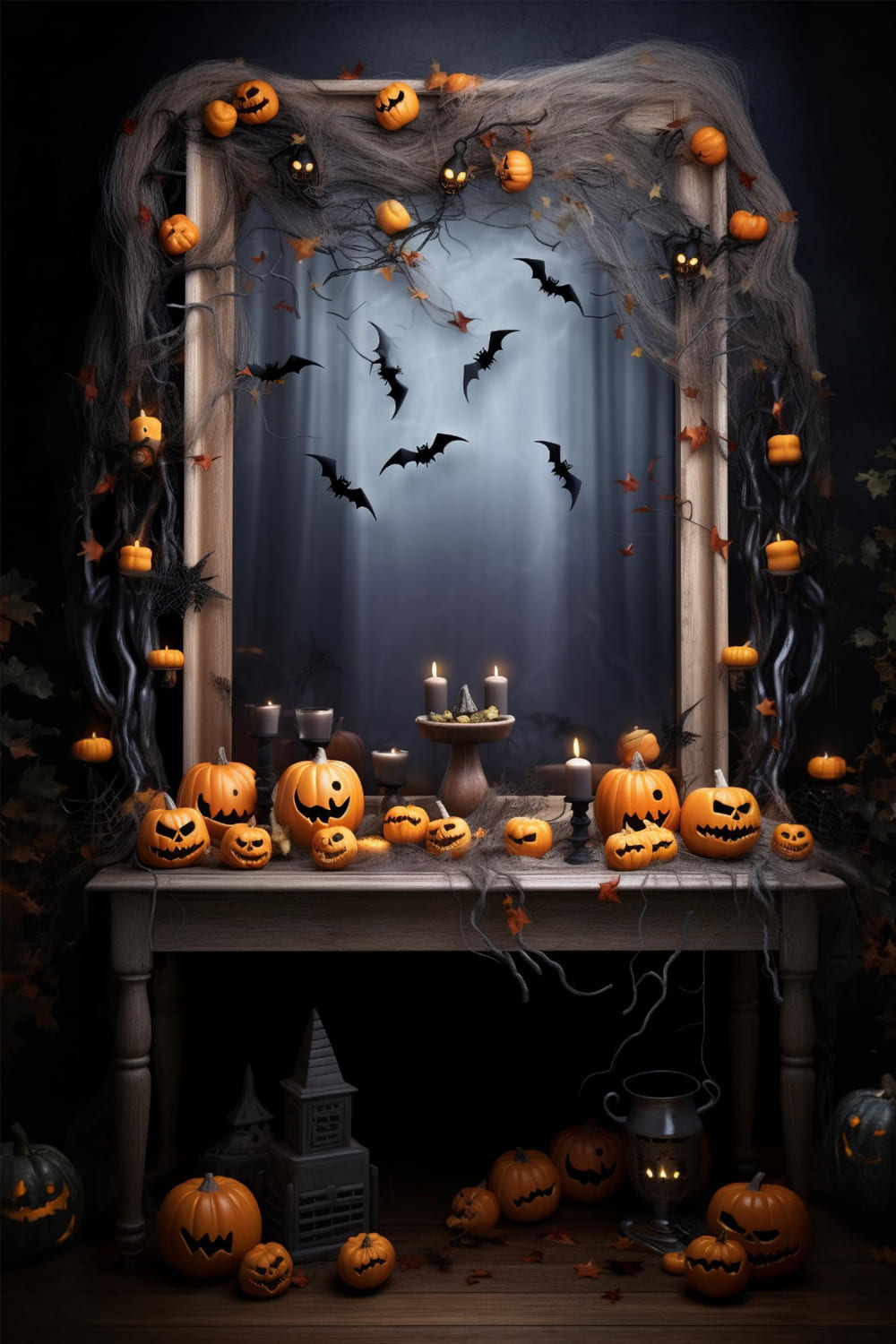 Halloween Evil Pumpkin Candles Bats Backdrop RR7-115