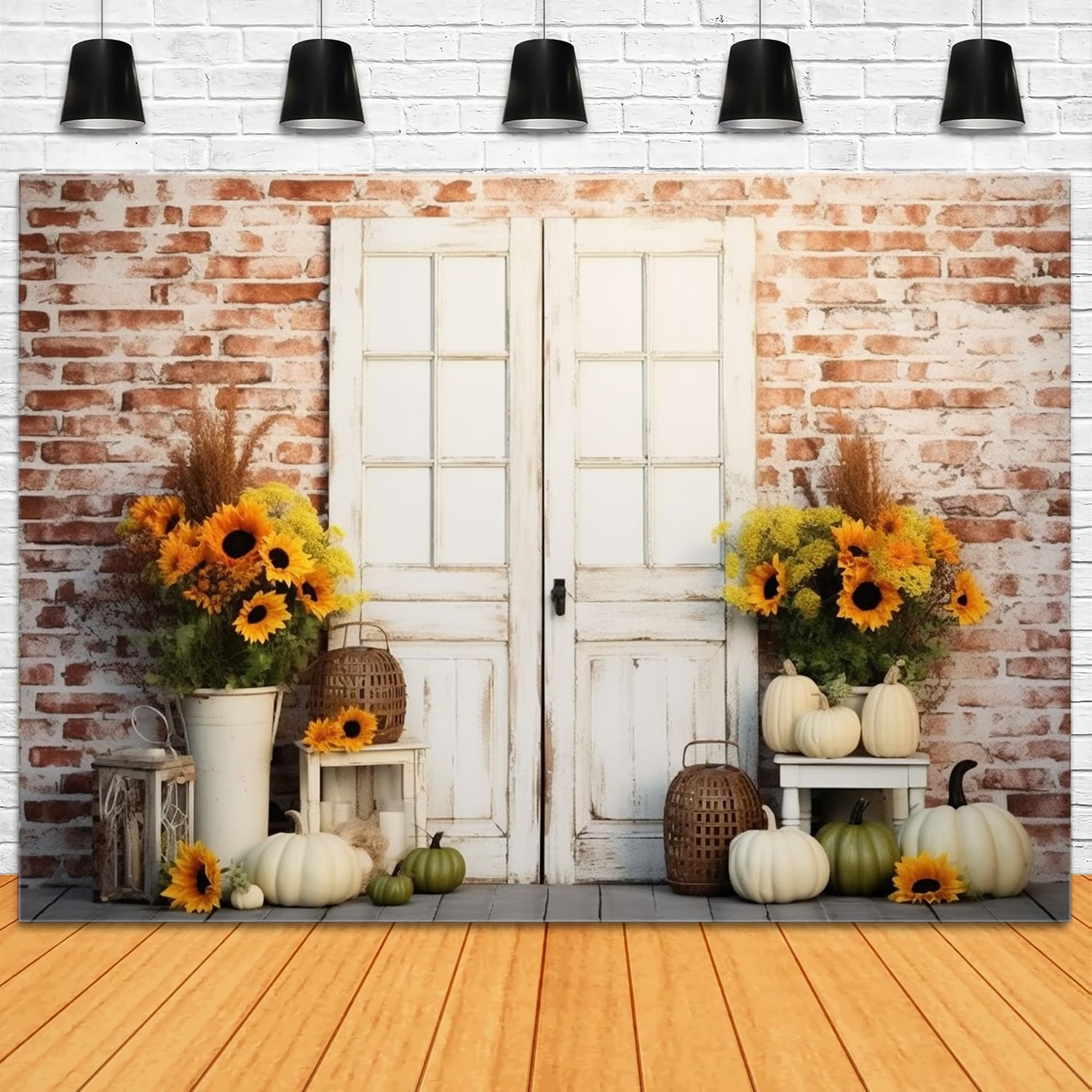 Autumn Sunflower Pumpkin Brick Wall Backdrop RR7-116