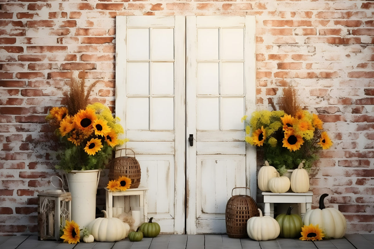 Autumn Sunflower Pumpkin Brick Wall Backdrop RR7-116