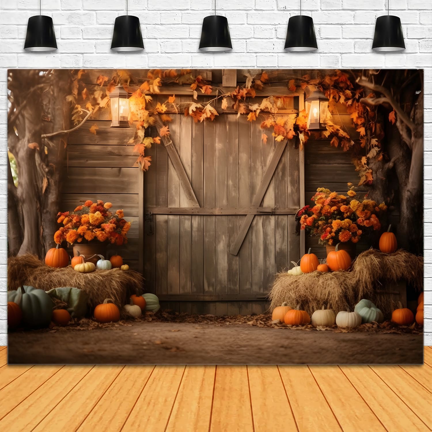 Fall Harvest Barn Pumpkins Leaves Backdrop RR7-126