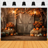 Fall Harvest Barn Pumpkins Leaves Backdrop RR7-126