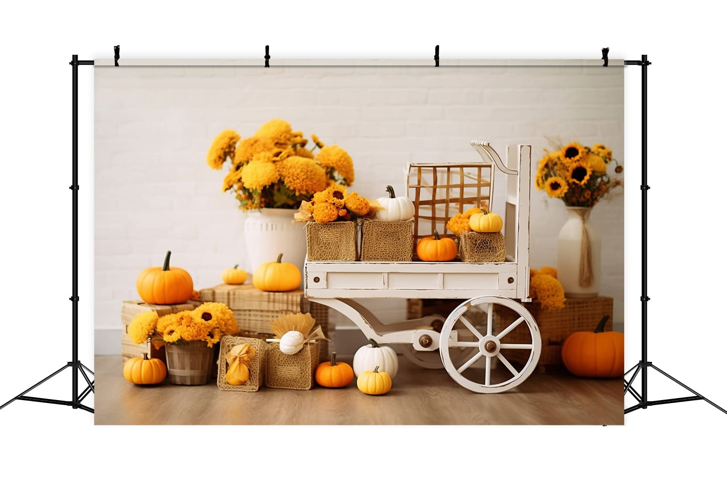 Fall Straw Sunflowers Wooden Cart Backdrop RR7-130