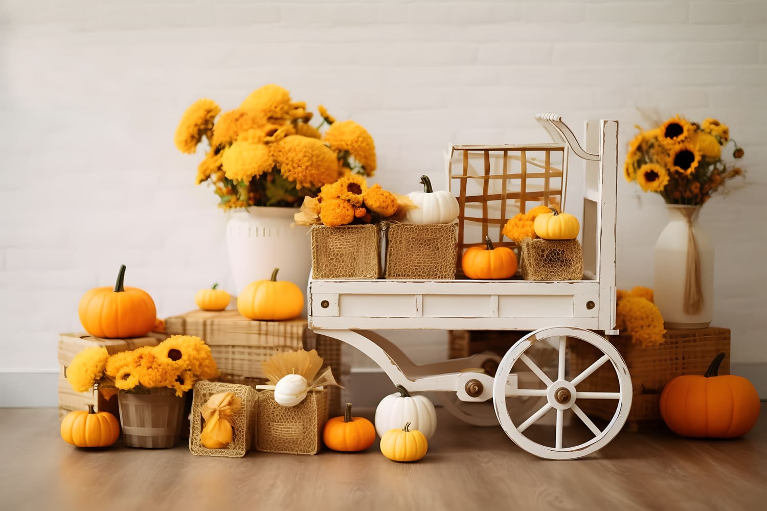 Fall Straw Sunflowers Wooden Cart Backdrop RR7-130