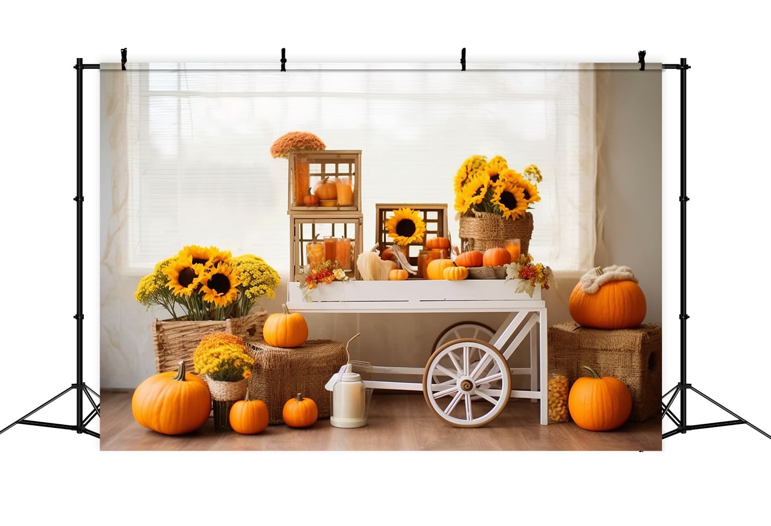 Sunflowers Pumpkins Cart Autumn Backdrop RR7-131