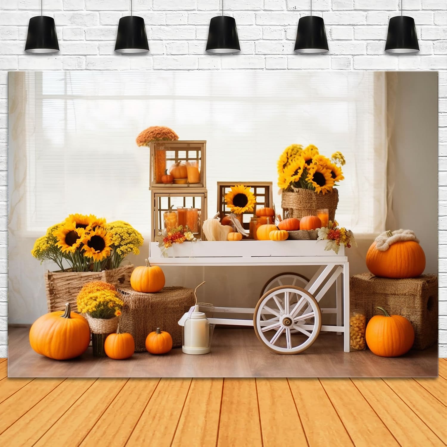 Sunflowers Pumpkins Cart Autumn Backdrop RR7-131