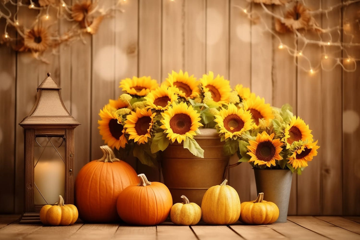 Autumn Pumpkins Sunflower Wood Backdrop RR7-137