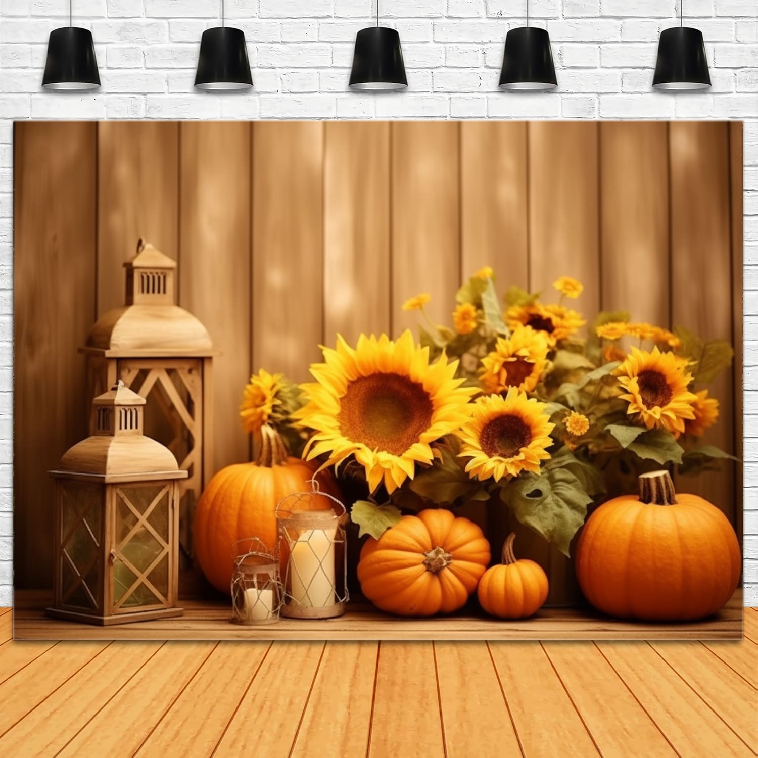 Sunflower Pumpkin Lanterns Fall Backdrop RR7-138