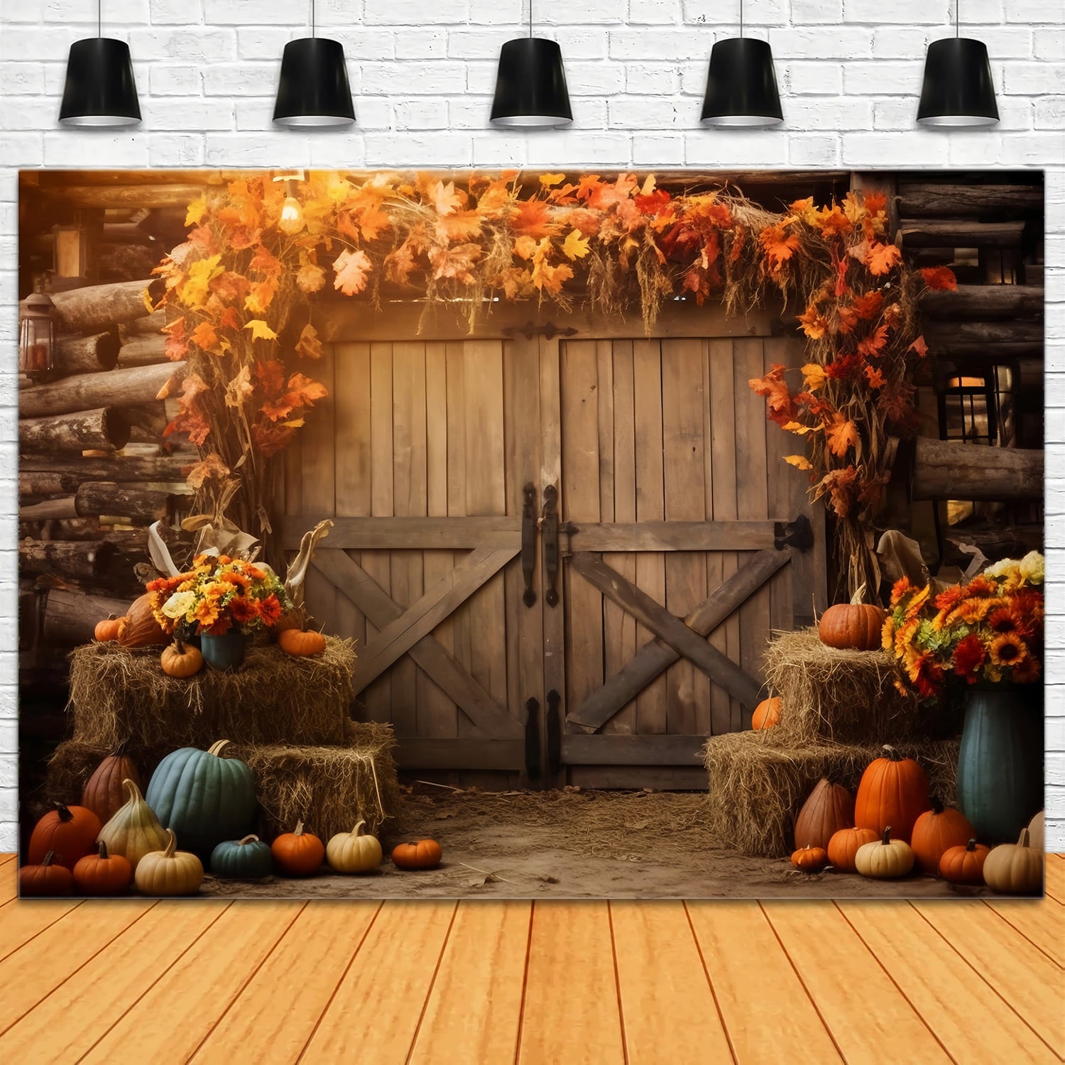 Autumn Barn Haystack Maple Leaves Backdrop RR7-141