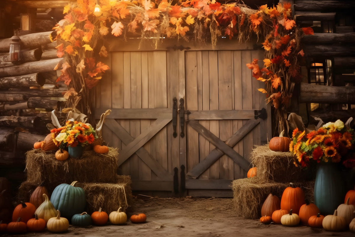 Autumn Barn Haystack Maple Leaves Backdrop RR7-141