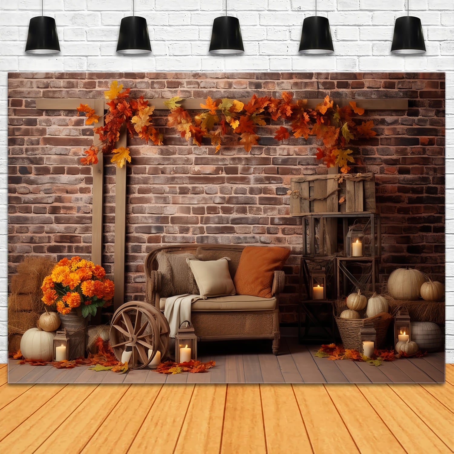 Pumpkins Maple Leaves Wall Fall Backdrop RR7-142