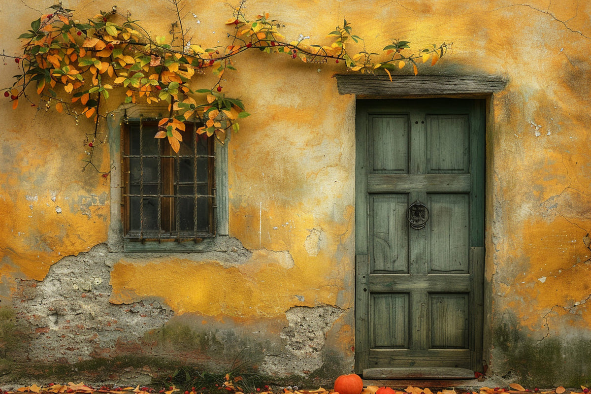 Ruined Wall Wood Door Autumn Backdrop RR7-147