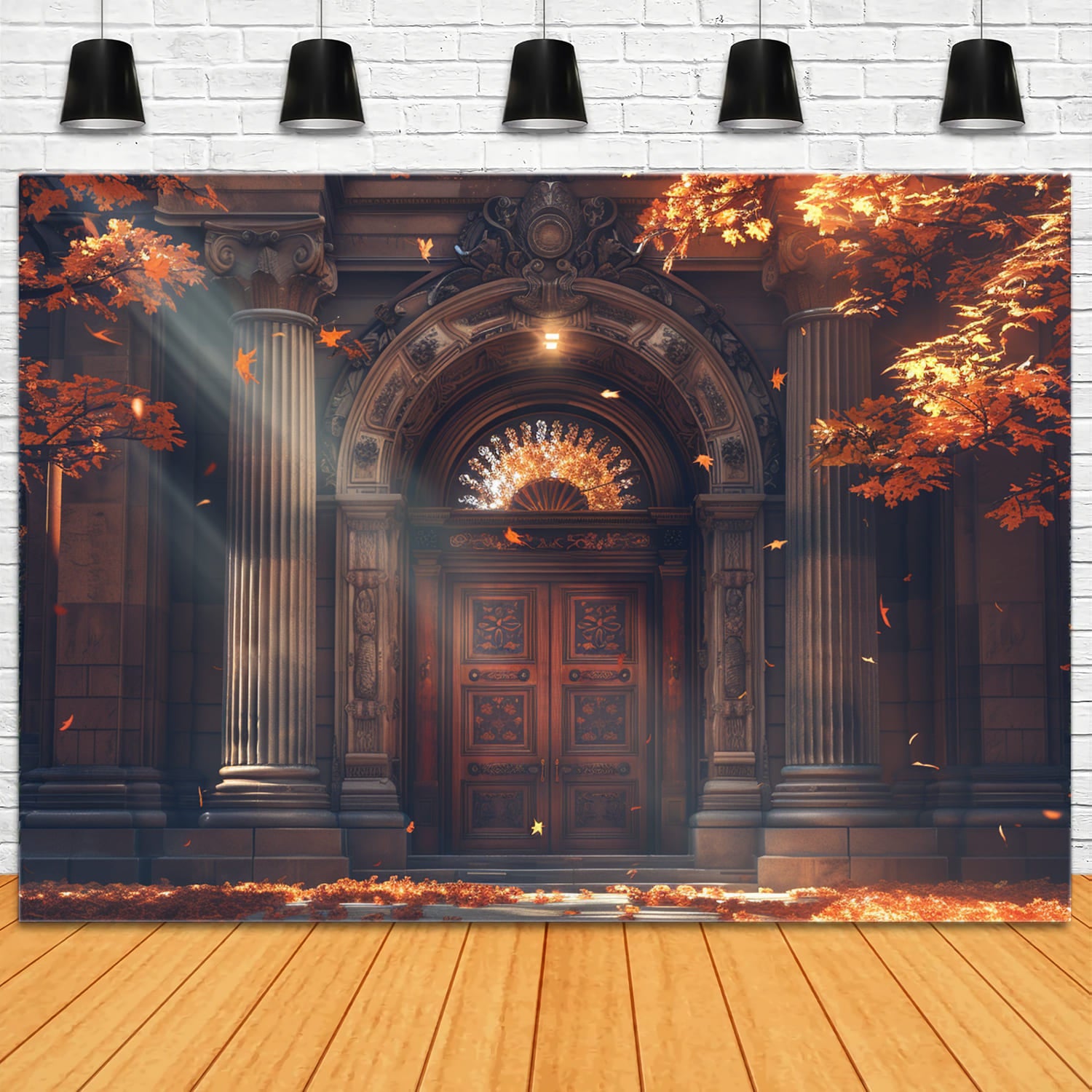 Fall Mansion Door Maple Leaves Backdrop RR7-148