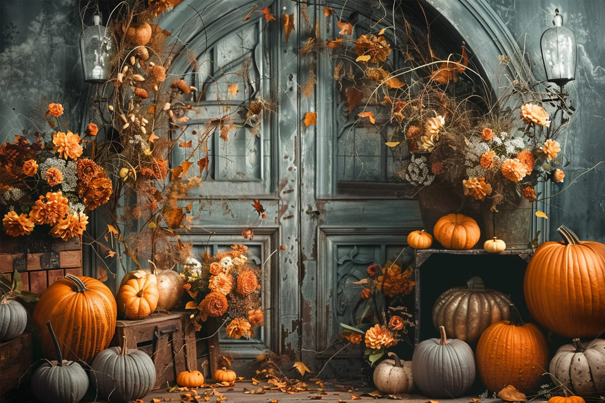 Fall Vintage Door Pumpkins Photography Backdrop RR7-149