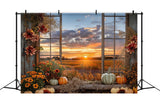 Fall Pumpkins Sunset Window Scenery Backdrop RR7-151